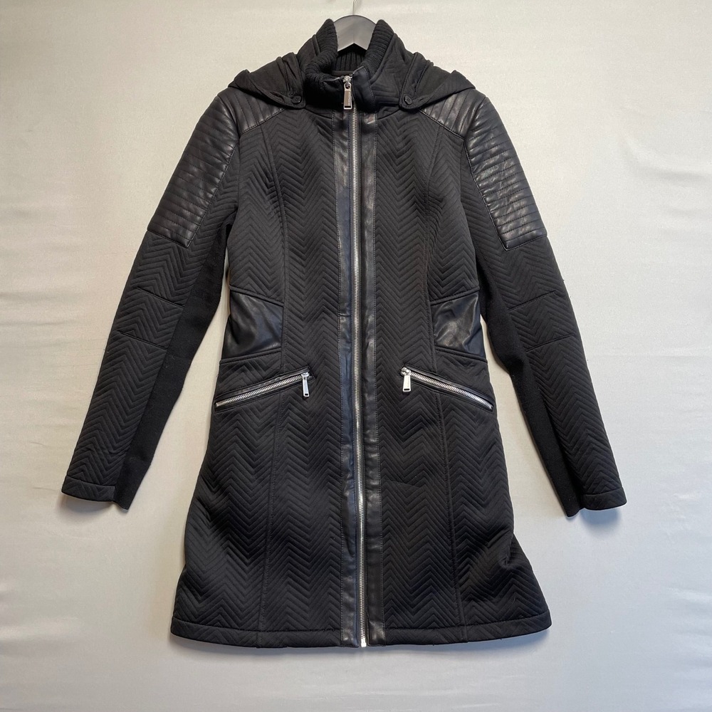 BCBGeneration Black Quilted Faux Leather Hooded Midi Coat‎ Jacket Size S